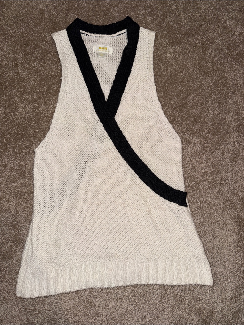 Maeve Cream Knit Wrap-Style V-Neck Sweater Vest with Black Trim XS